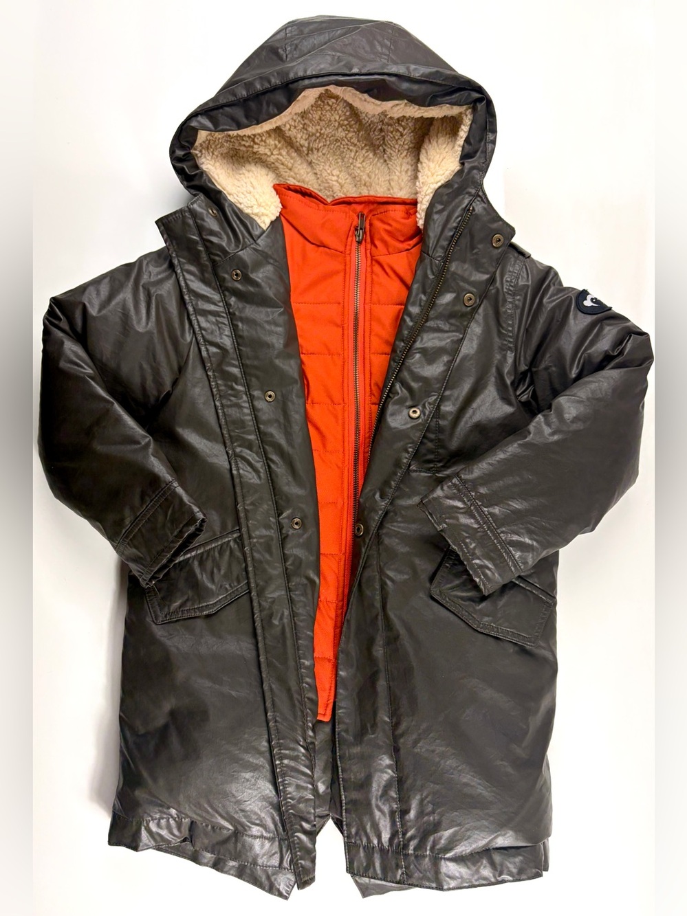 Appaman Kids Himalaya Down/Cotton Jacket w/ Quilted Vest & Sherpa Hood, Sz 8